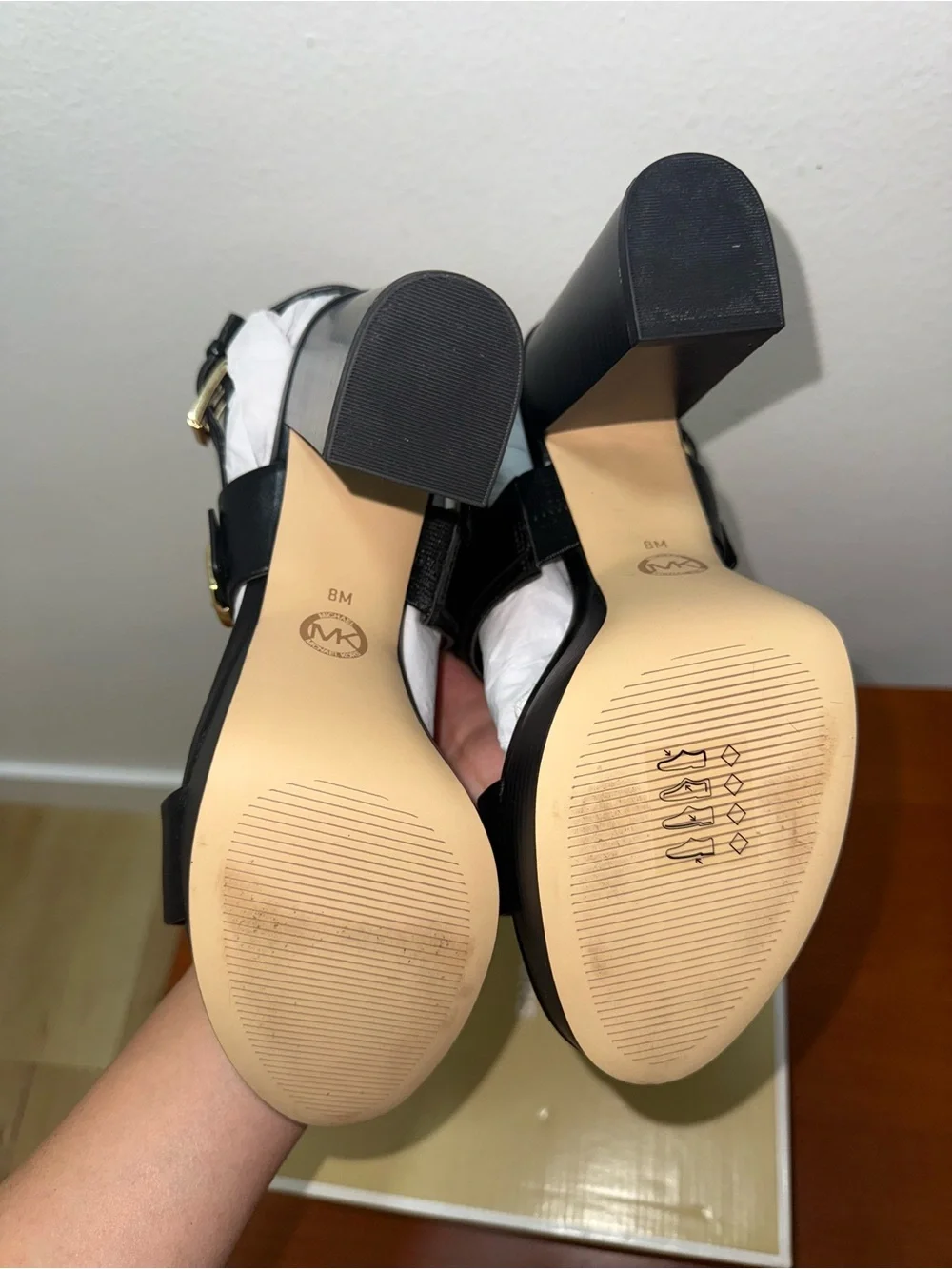 Michael Kors Black Leather Platform Block Heel Sandals with Gold MK Accent